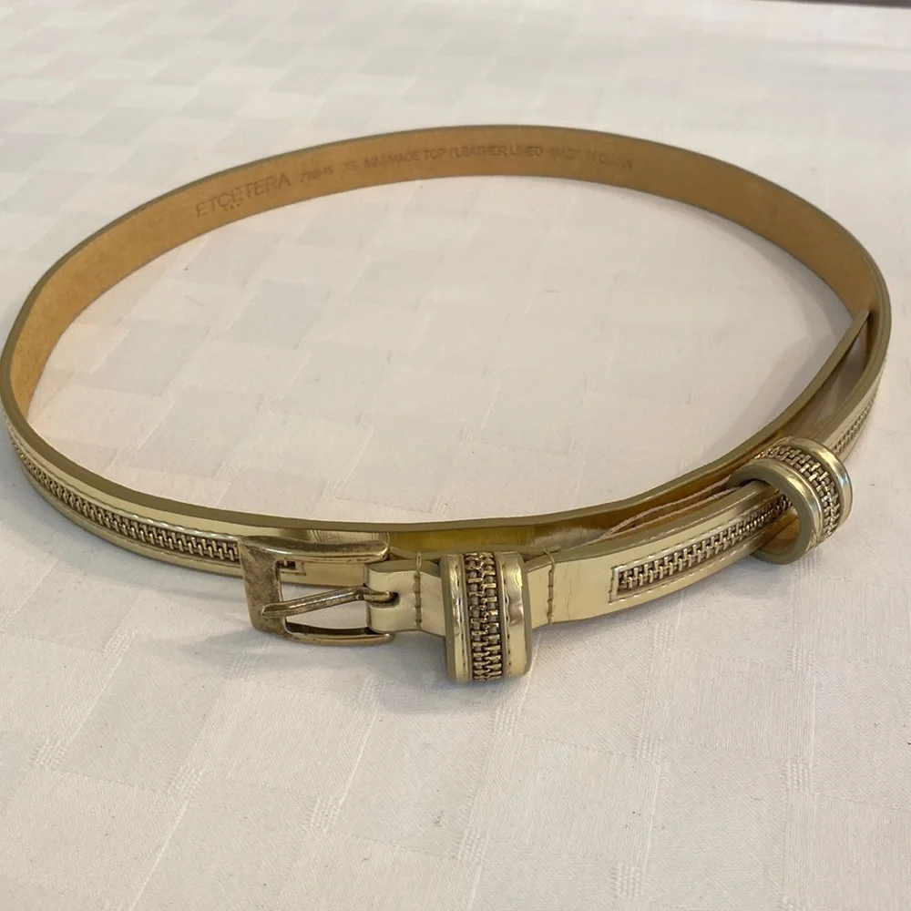 Etcetera Vintage Gold Metallic Leather Skinny Statement Belt Zipper Detail XS
